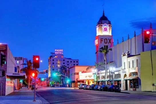 Bakersfield Fox Theatre illuminated at blue hour, illustrating Brian Hooks' hometown connection