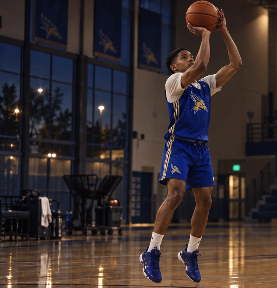 Portrait artwork of Alvis rising for a basketball shot