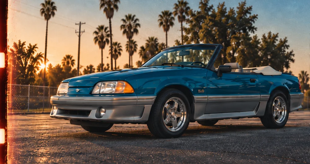 Blue car on a palm-lined Bakersfield street at golden hour in the visual-style reference