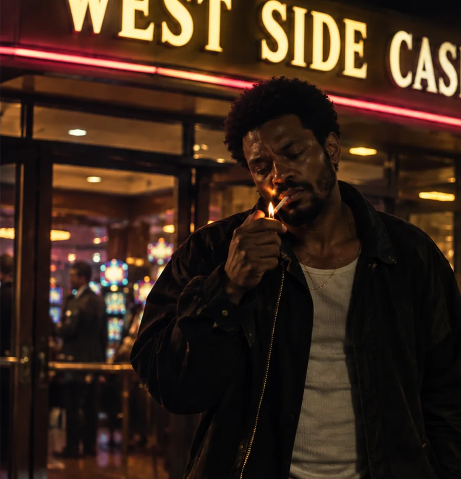 Portrait artwork of Calvin standing near a casino entrance