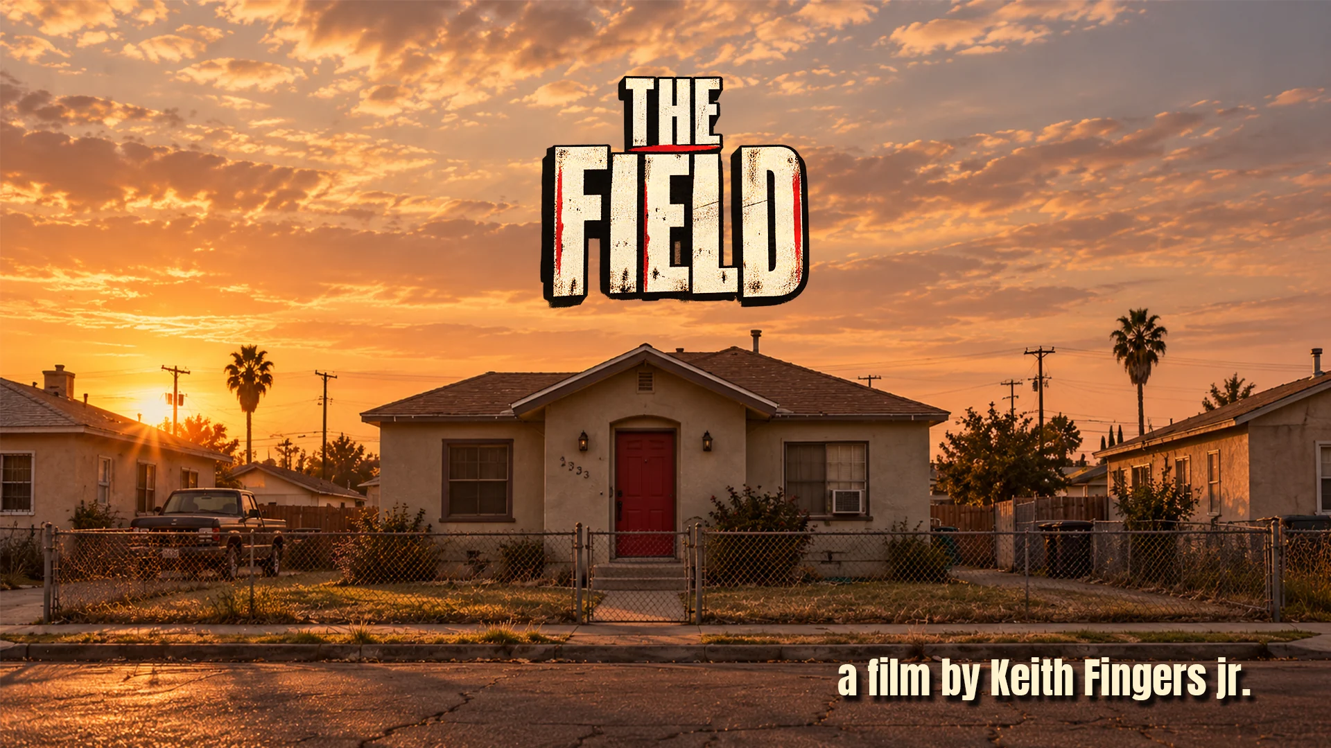 Official pitch-deck cover art for The Field: a neighborhood house at sunset beneath the film title