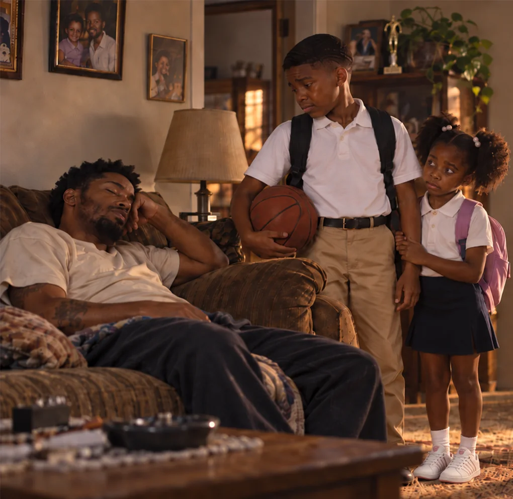 Family scene from the pitch-deck director's notes artwork: father and children in a living room