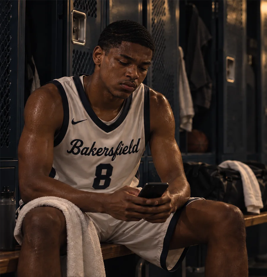 Portrait artwork of Dizzy sitting in a basketball locker room