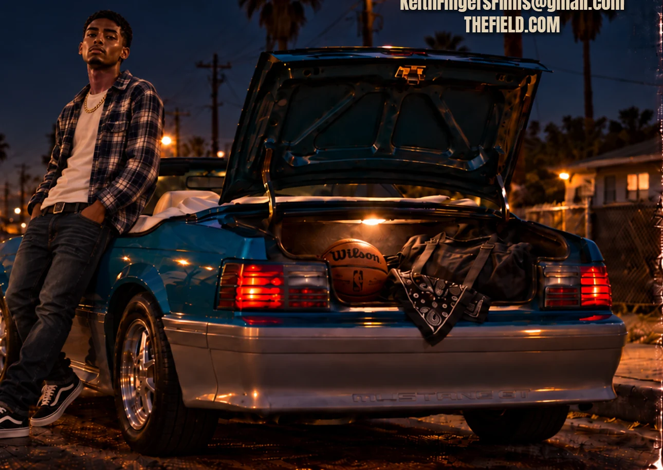 Cinematic pitch-deck artwork showing a young man standing beside a car on a Bakersfield street at night