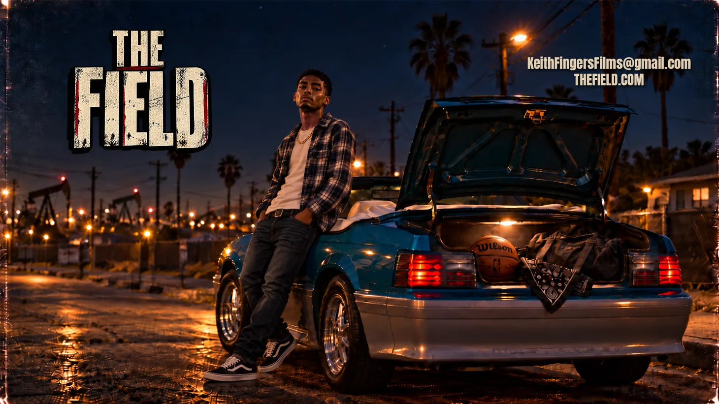Alternate nighttime artwork from the final pitch-deck slide showing the film title and a young man beside a car