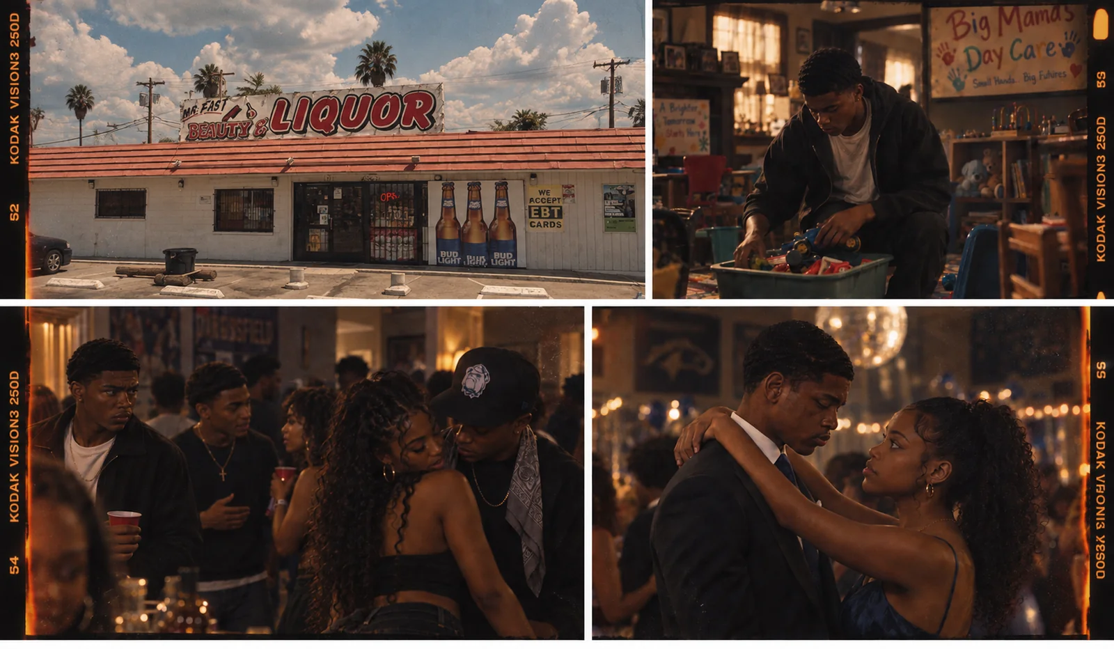 Four-frame cinematic visual reference from The Field pitch deck, representing the project's creative tone rather than a photo of Michael Anthony Snowden