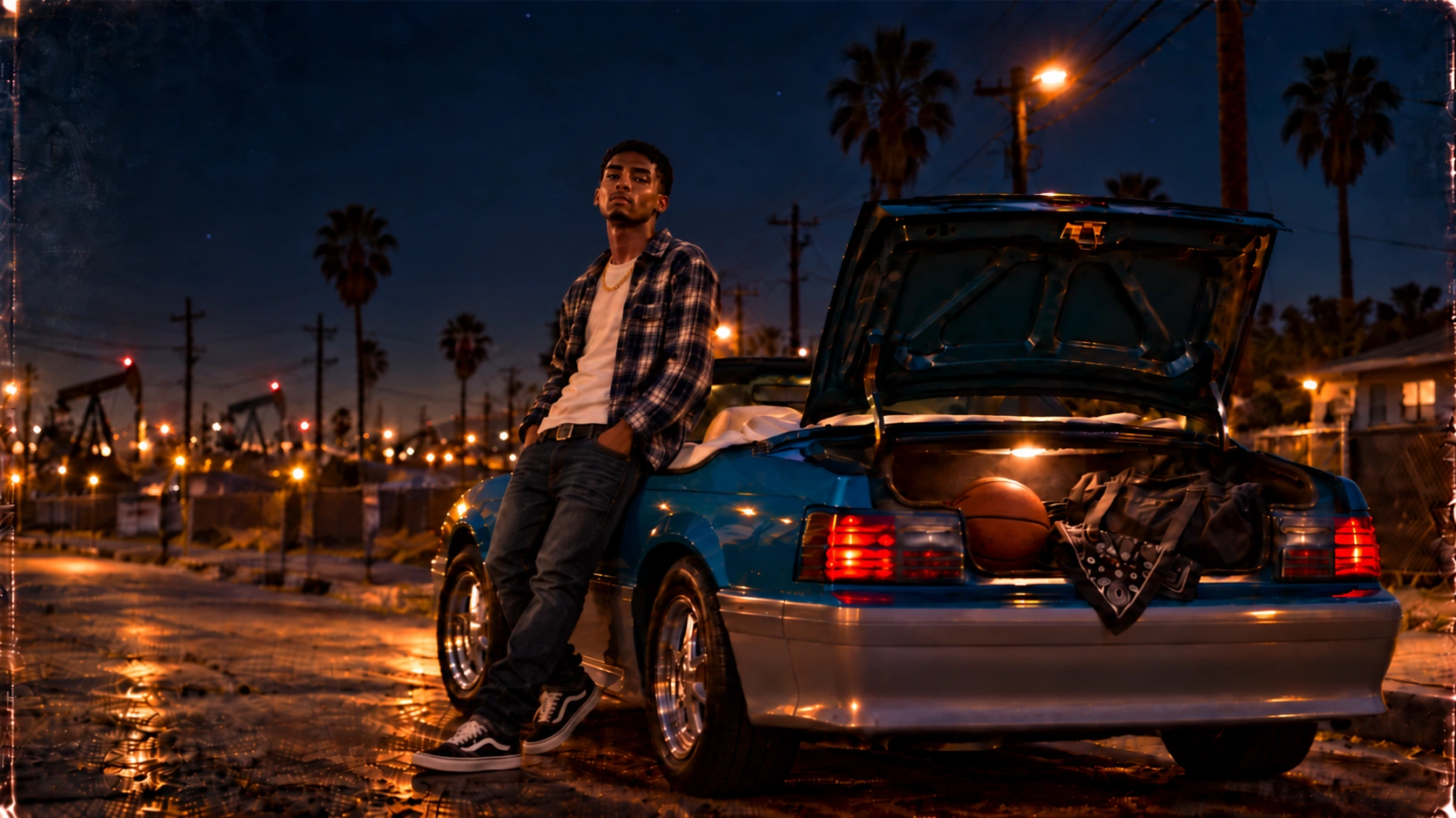 Alternate nighttime artwork for The Field showing a young man beside a car
