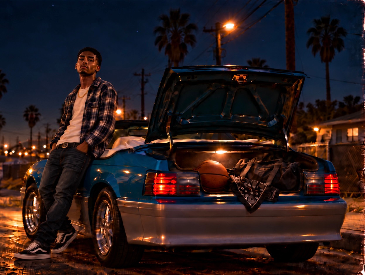 A young man leaning against a teal convertible with a basketball in the open trunk on a Bakersfield street at night